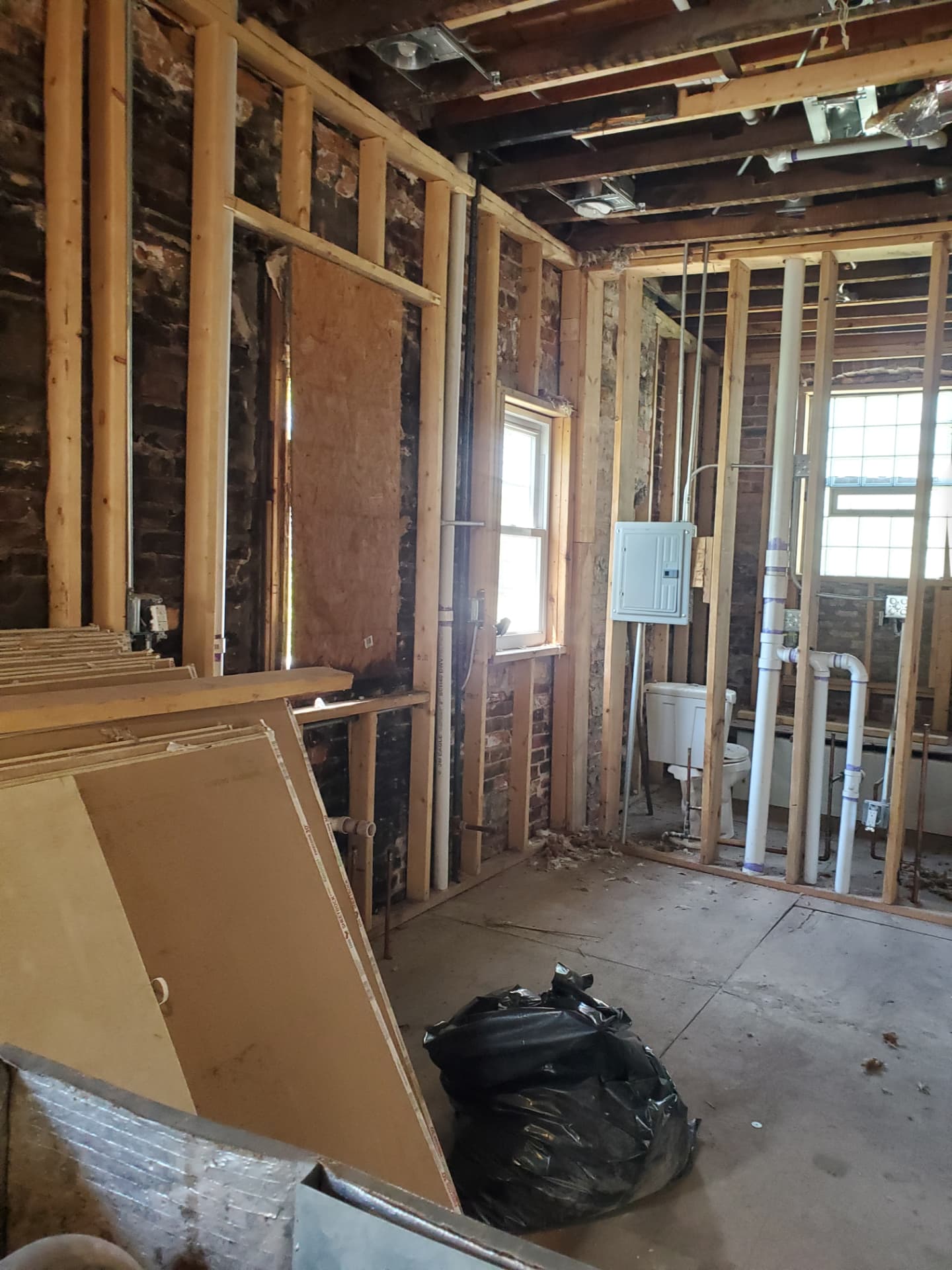 Room stripped to the studs with exposed brick, new plumbing, and electrical panel