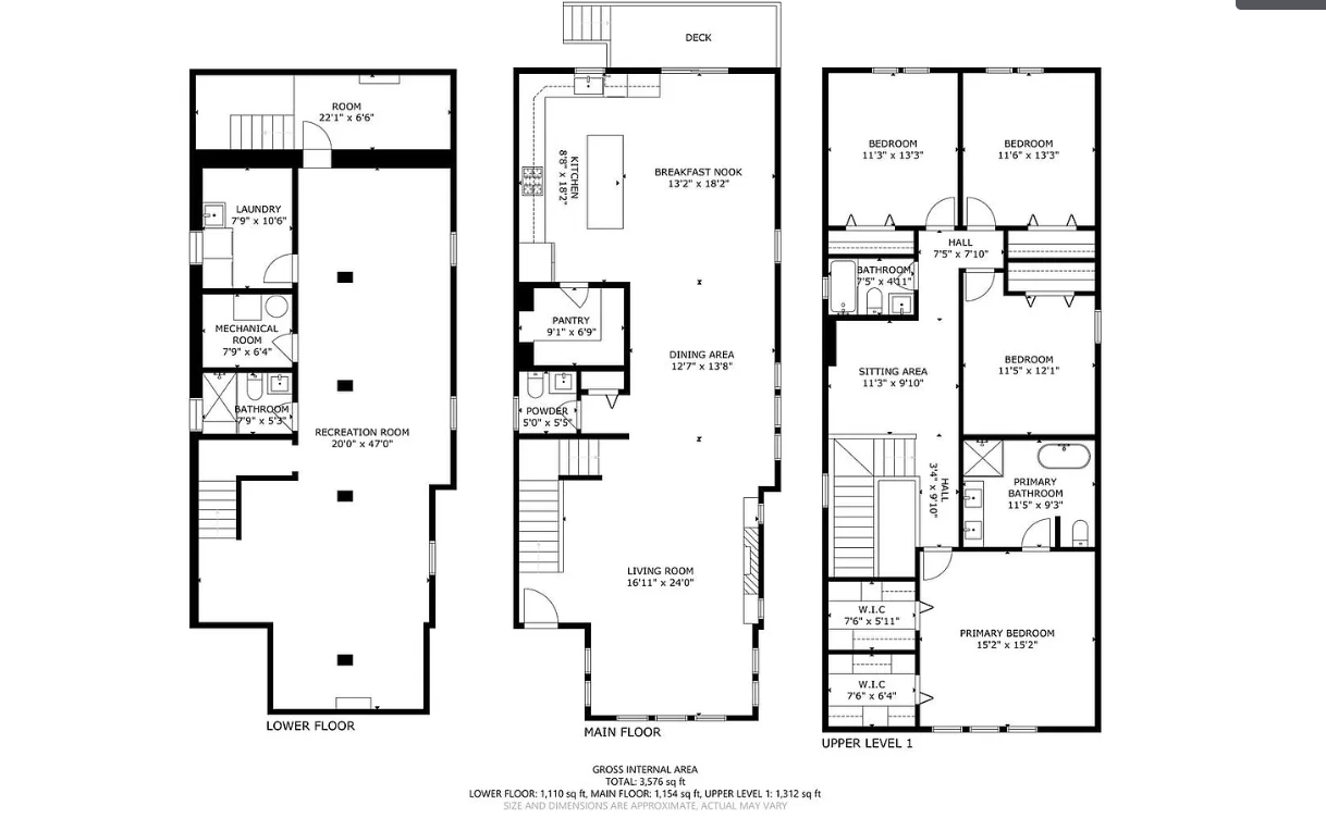 Architectural floor plan drawings showing the lower, main, and upper levels of the home